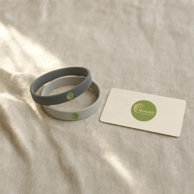 Hellgraues und dunkelgraues Armband neben einer Energiekarte BewusstPräsentSein