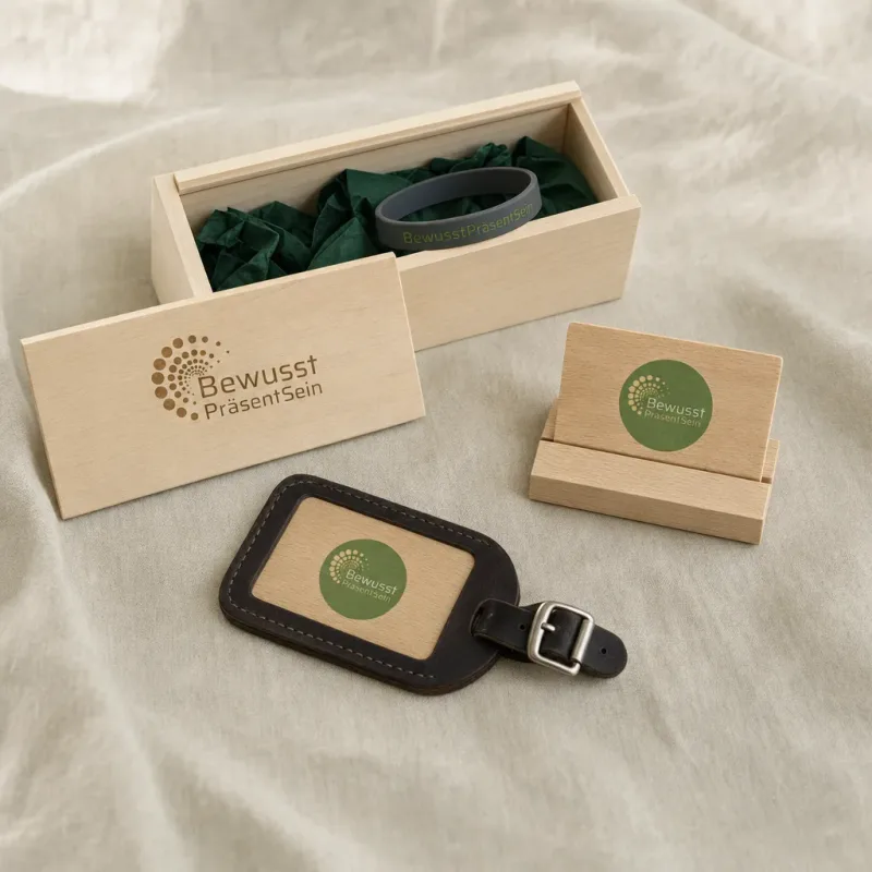 Holzbox mit Basis Armband, Basis-Themenkarte und Leder-Sattelanhänger