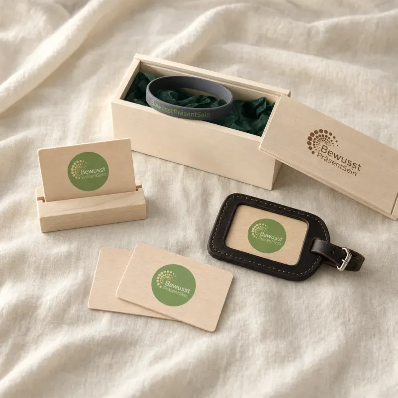 Holzbox mit Basis Armband, zwei Themenkarten und Leder-Sattelanhänger