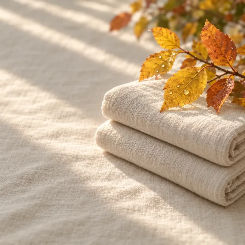 Gefaltete Leinentücher mit Herbstzweig in Gold und Orange