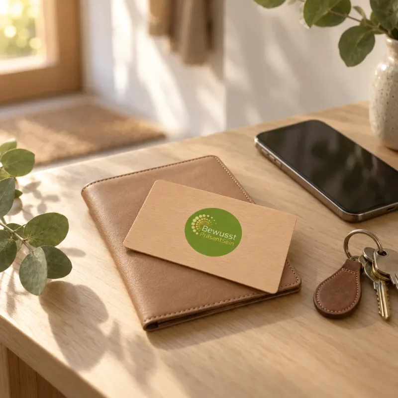 Edition Karte BewusstPräsentSein auf einer Reisepass-Hülle aus Leder, daneben Smartphone und Schlüssel auf einer Holzablage